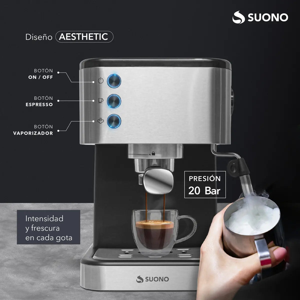 Cafetera Expresso Suono 1.5 L Acero Inoxidable 20 Bar Calentamiento de Tazas 1350W