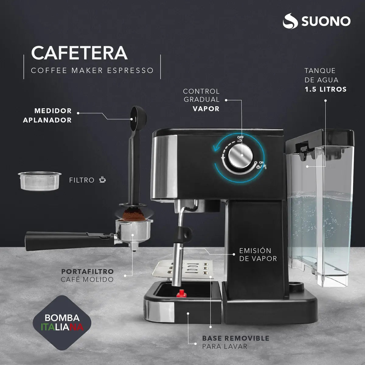 Cafetera Expresso Suono 1.5 L Acero Inoxidable 20 Bar Calentamiento de Tazas 1350W